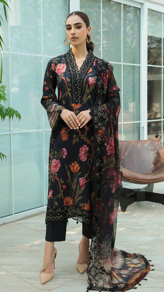 NUREH BLACK ROYAL | LAWN  WITH CHIFFON DUPATTA  |3PC UNSTICHED