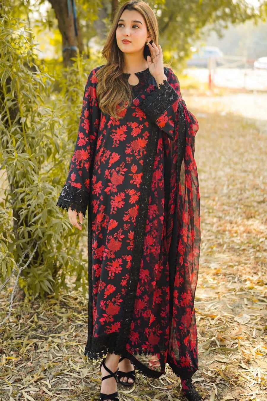 ANEELA LAWN BLACK LOVE |  WITH CHIFFON DUPATTA  |3PEC UNsTICHED