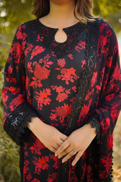 ANEELA LAWN BLACK LOVE |  WITH CHIFFON DUPATTA  |3PEC UNsTICHED
