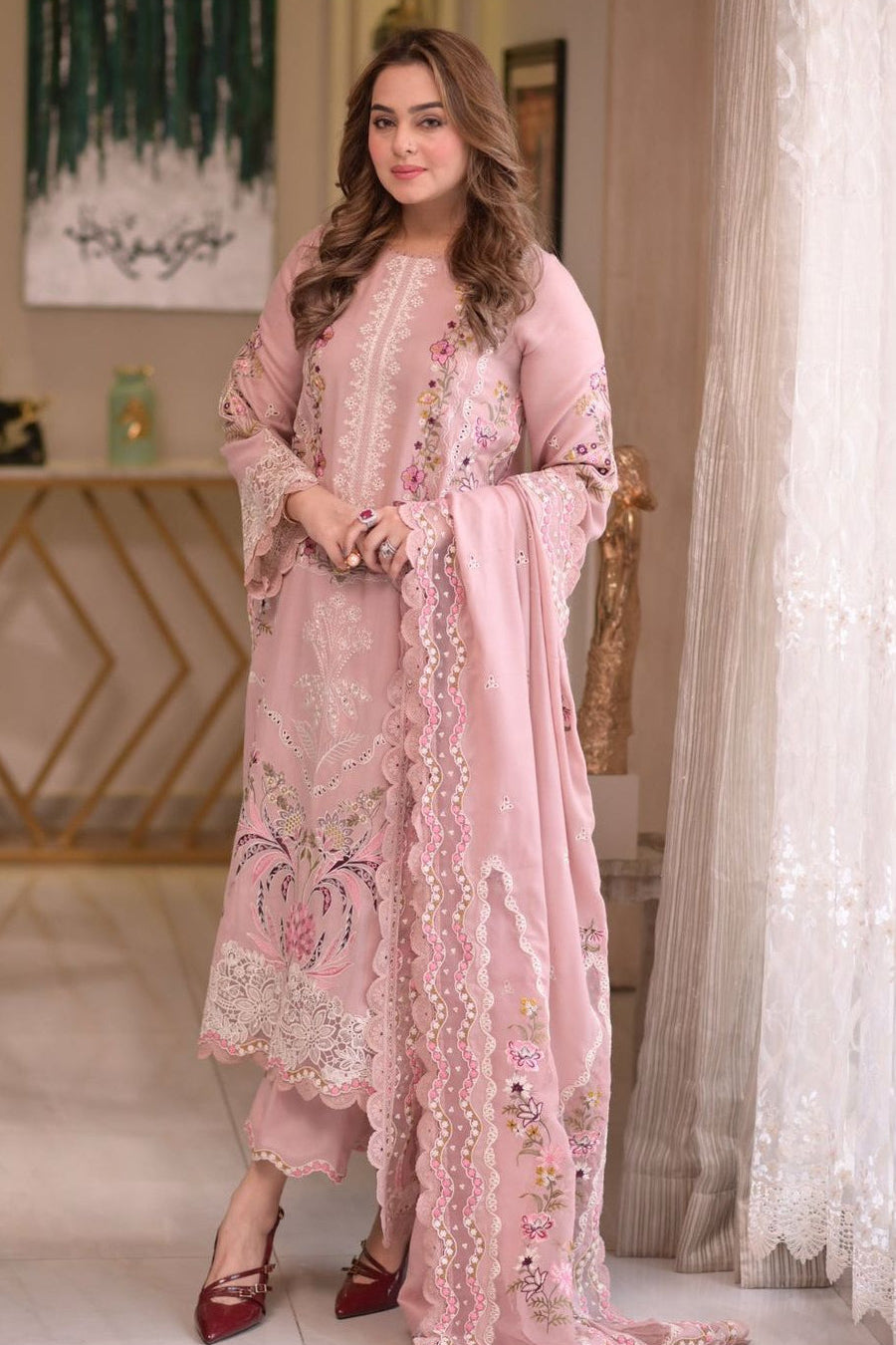ANEELA LAIBA |EMBROIDED LAWN WITH NET BORDER  DUPATTA  |3PC UNSTICHED