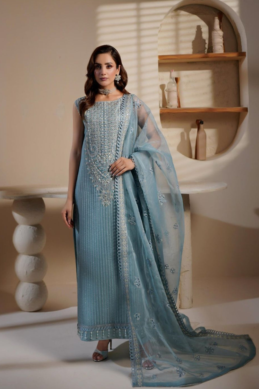 MARYAMS SMOKE GREEN FESTIVE |ORGENZA |3PC UNSTICHED