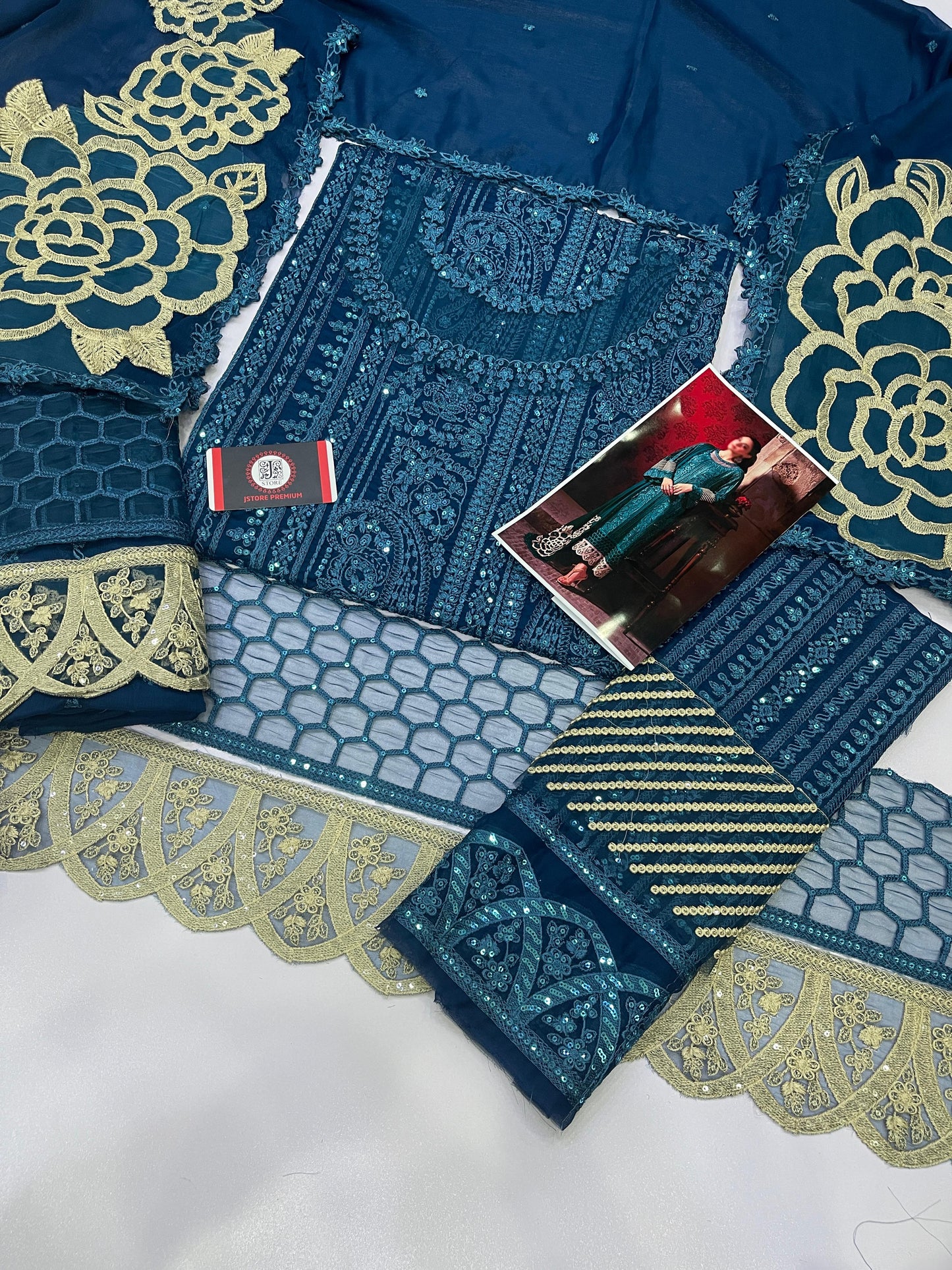 AZURE BLUE DOBLE NECK | 3PIECE UNSTICHED