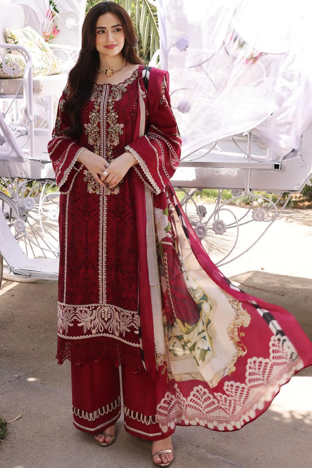 ELAF ROYAL MEHROON CHIKENKARI  |3PC UNSTICHED