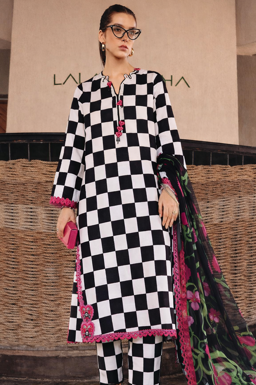 MARIAB PINK HEART |PRINTED LAWN WITH CHIFFON  DUPATTA  |3PC UNSTICHED