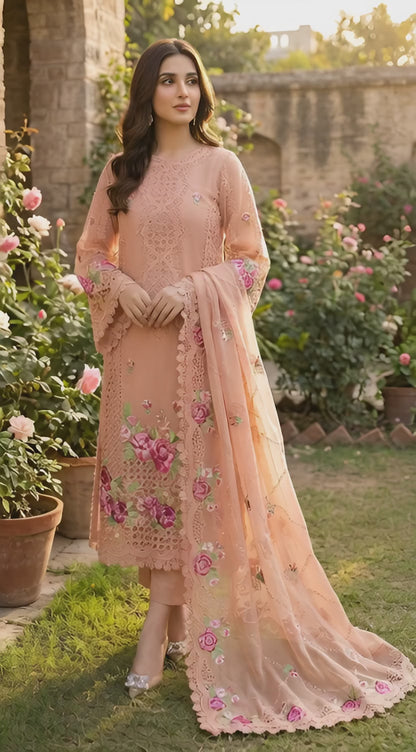 Aneela Premium Organza Embroidered Chikan Kari Dress