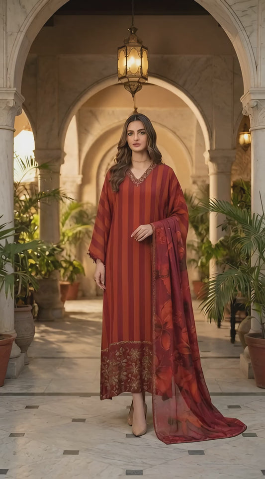 LULUSAR |IMPERIAL RUBY SHAMOOS SILK  |3Pec unstiched