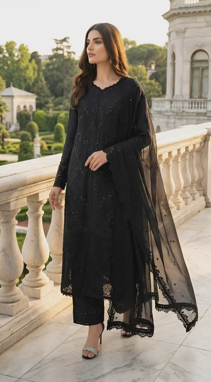 Azure | Black Chiffon Emroided Dress 3pec Phase Unstiched