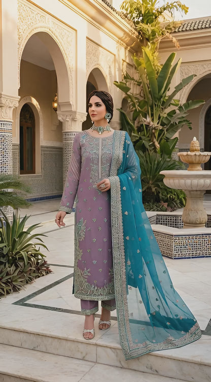 Akber Aslam | Purple Majesty Orgenza Dress 3pec Unstiched