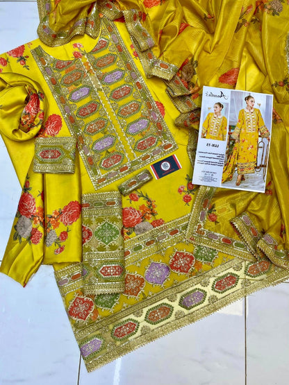 Aneela’s Luxury Silk Dress | 3pc Unstitched (Yellow)