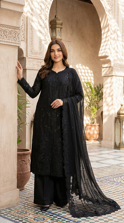 Azure | Black Chiffon Emroided Dress 3pec Phase Unstiched