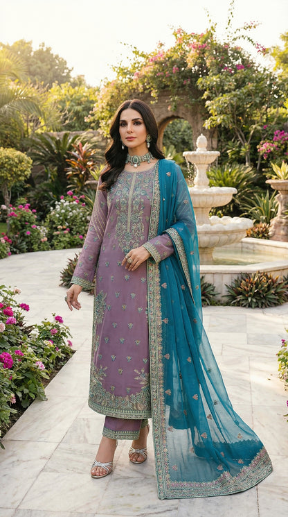 Akber Aslam | Purple Majesty Orgenza Dress 3pec Unstiched
