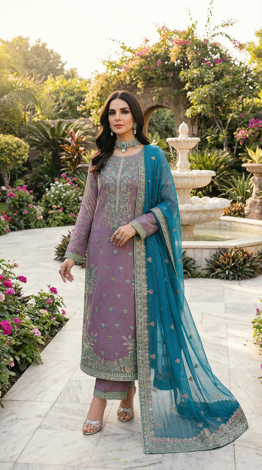 Akber Aslam | Purple Majesty Orgenza Dress 3pec Unstiched