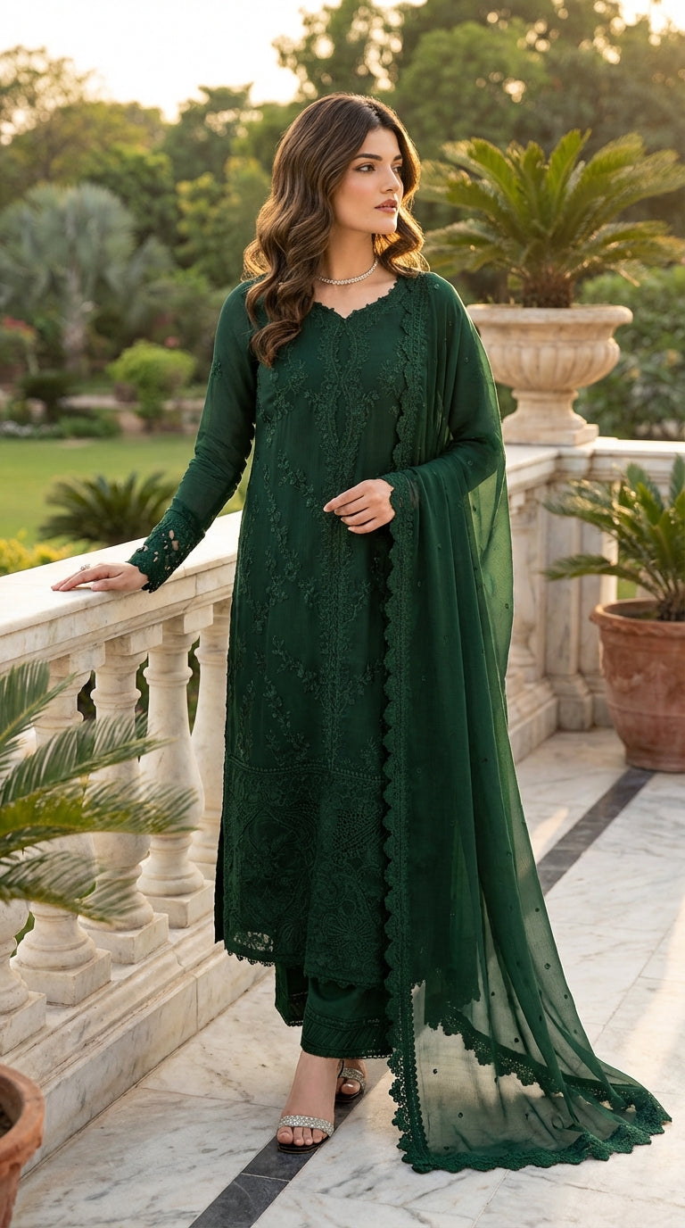 Azure | Green Chiffon Emroided Dress 3piece Phase Unstiched