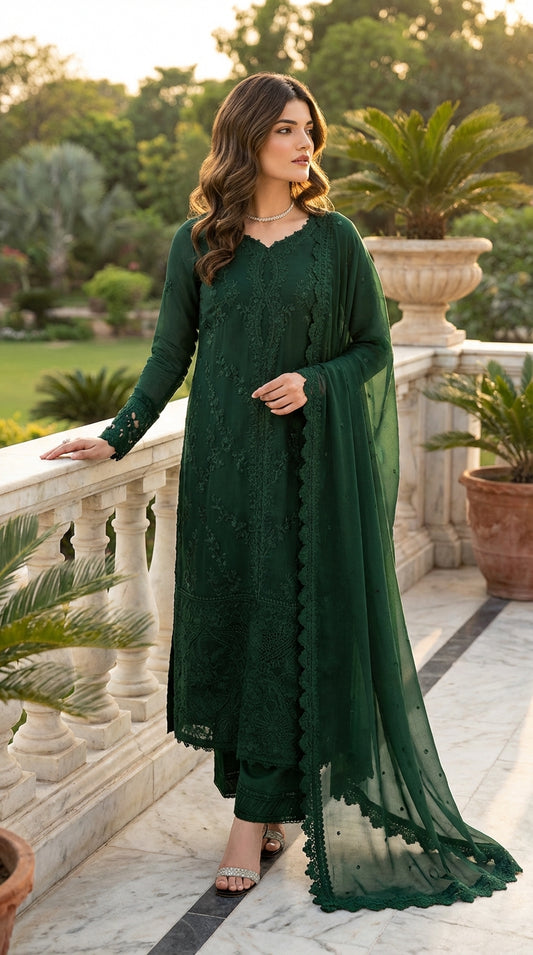 Azure | Green Chiffon Emroided Dress 3piece Phase Unstiched