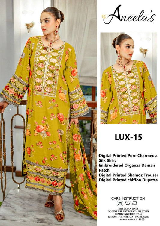 Aneela’s Luxury Silk Dress | 3pc Unstitched (Yellow)