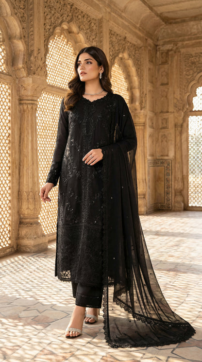 Azure | Black Chiffon Emroided Dress 3pec Phase Unstiched