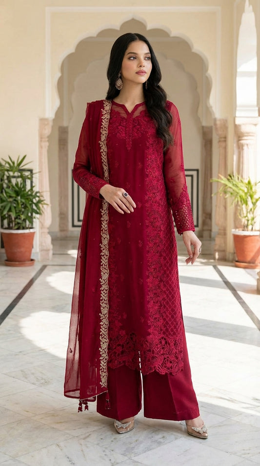 Azure | Red Chiffon Emroided Dress Phase 3pec Unstiched