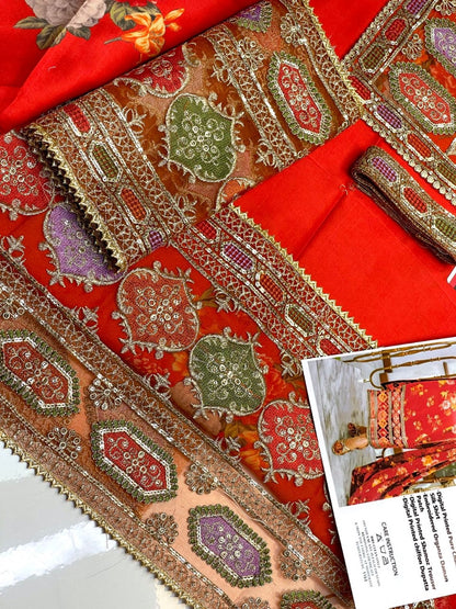 Aneela’s Luxury Silk Dress | 3pc Unstitched (Orange)