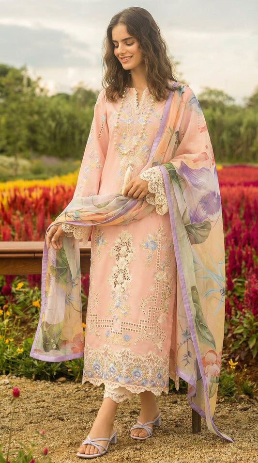 MUSHQ CHIKENKARI WITH DIGITAL PRINTED SILK DUPATTA  |3PIECE UNSTICHED