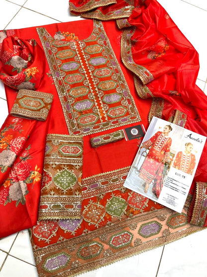 Aneela’s Luxury Silk Dress | 3pc Unstitched (Orange)