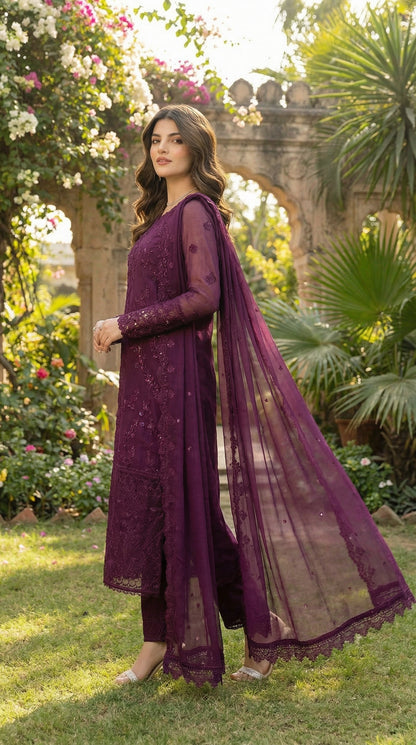 Azure |  PurpleChiffon Emroided Dress Phase 3pec Unstiched