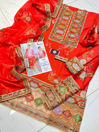 Aneela’s Luxury Silk Dress | 3pc Unstitched (Orange)