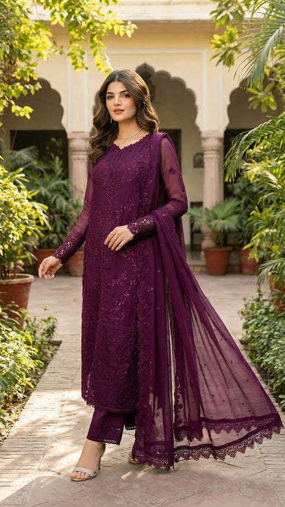 Azure |  PurpleChiffon Emroided Dress Phase 3pec Unstiched