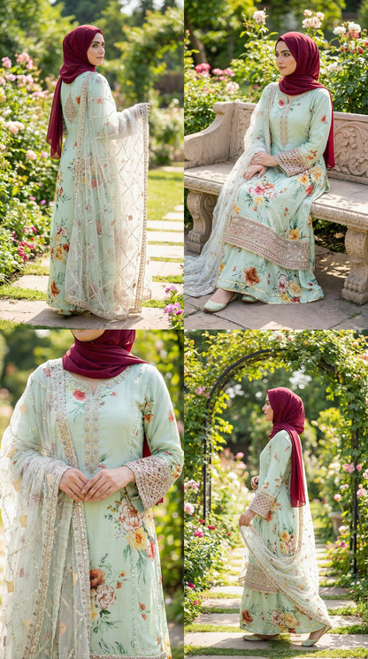 Jazmine | Mint Garden With Net Embroided Dupatta | 3pec Unstiched