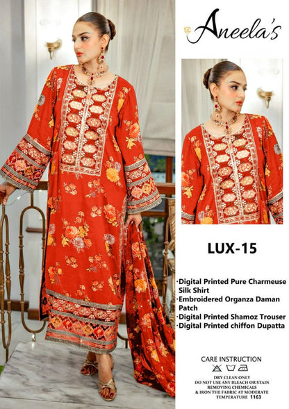 Aneela’s Luxury Silk Dress | 3pc Unstitched (Orange)