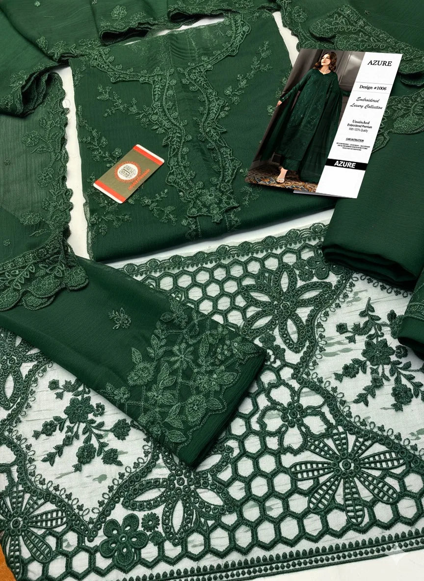 Azure | Green Chiffon Emroided Dress 3piece Phase Unstiched