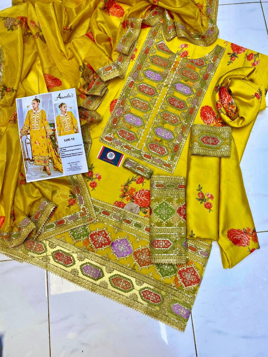 Aneela’s Luxury Silk Dress | 3pc Unstitched (Yellow)