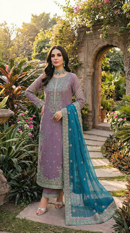 Akber Aslam | Purple Majesty Orgenza Dress 3pec Unstiched